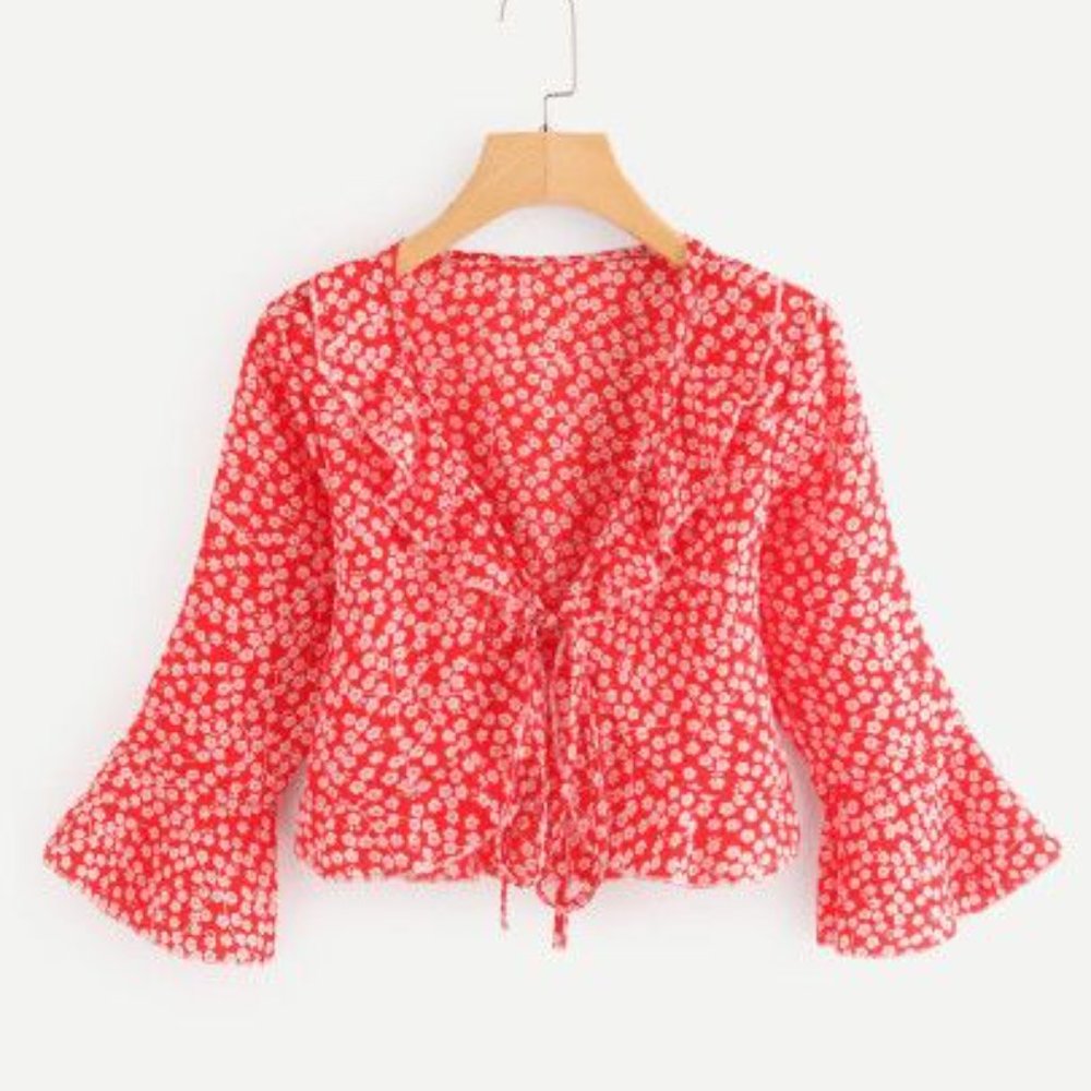 Shein Red Floral Fluted Sleeve Calico Print Top | Size M
